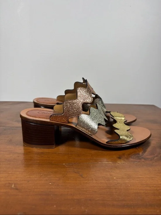 Chloé Metallic Wave Strap Leather Slide Heels Sandals Woman Size 37 earthy Tone - Picture 5 of 16